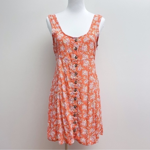 American Eagle Orange Ditsy Floral Scoop Neck Tie Waist Casual Mini Dress - Picture 1 of 9
